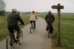 Traja cyklisti rôzneho veku prechádzajú po asfaltovej cyklotrase popri plote s otvorenou lúkou a drevenou smerovou tabuľou bez textu